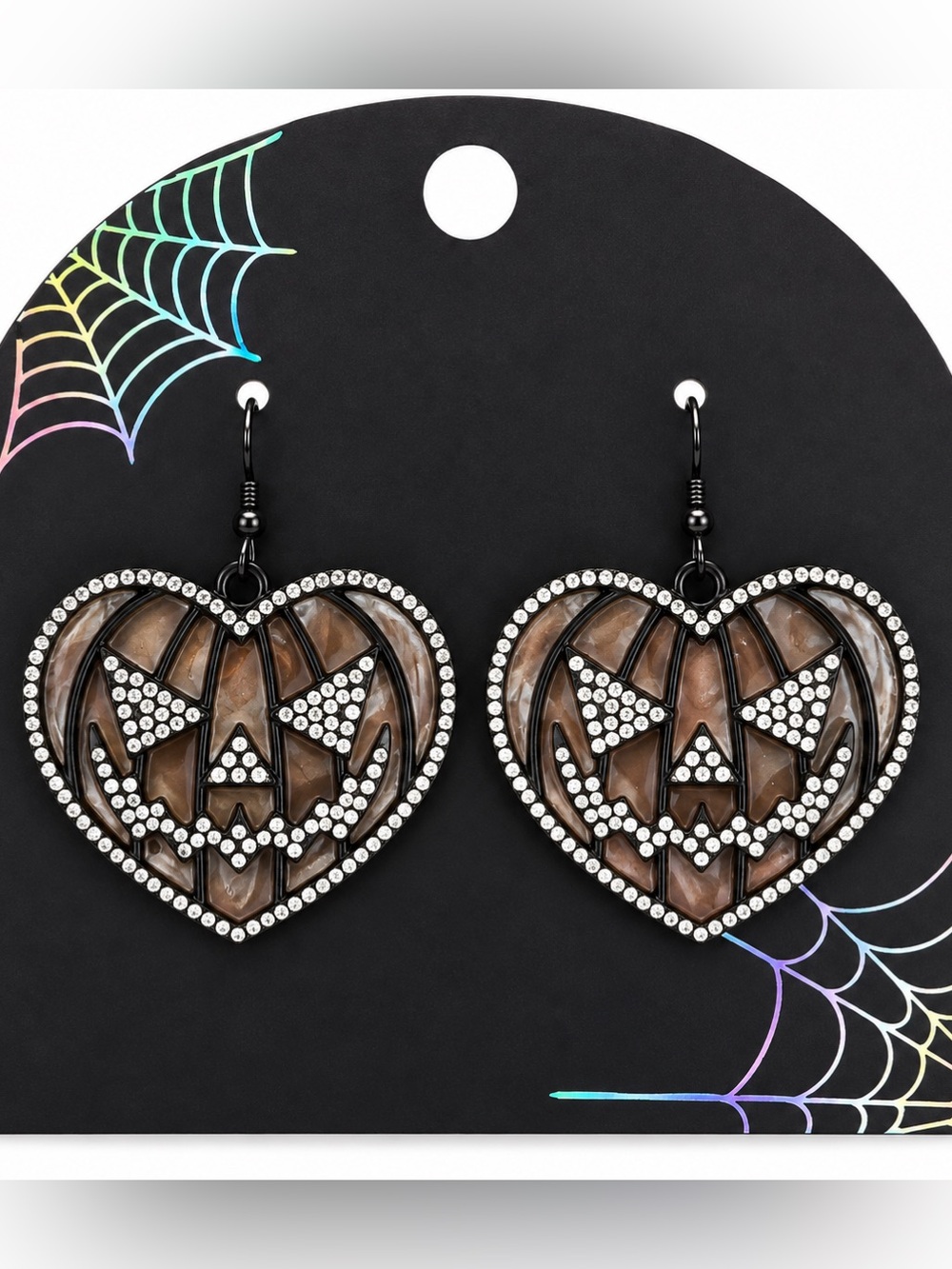 Rhinestone Jack-O’-Lantern Heart Dangle Earrings – Halloween Pumpkin Jewelry